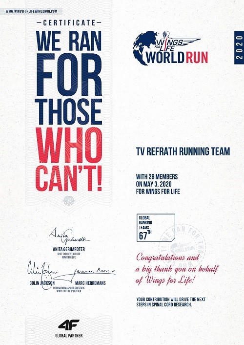 Wings for Life - Urkunde - TV Refrath running team